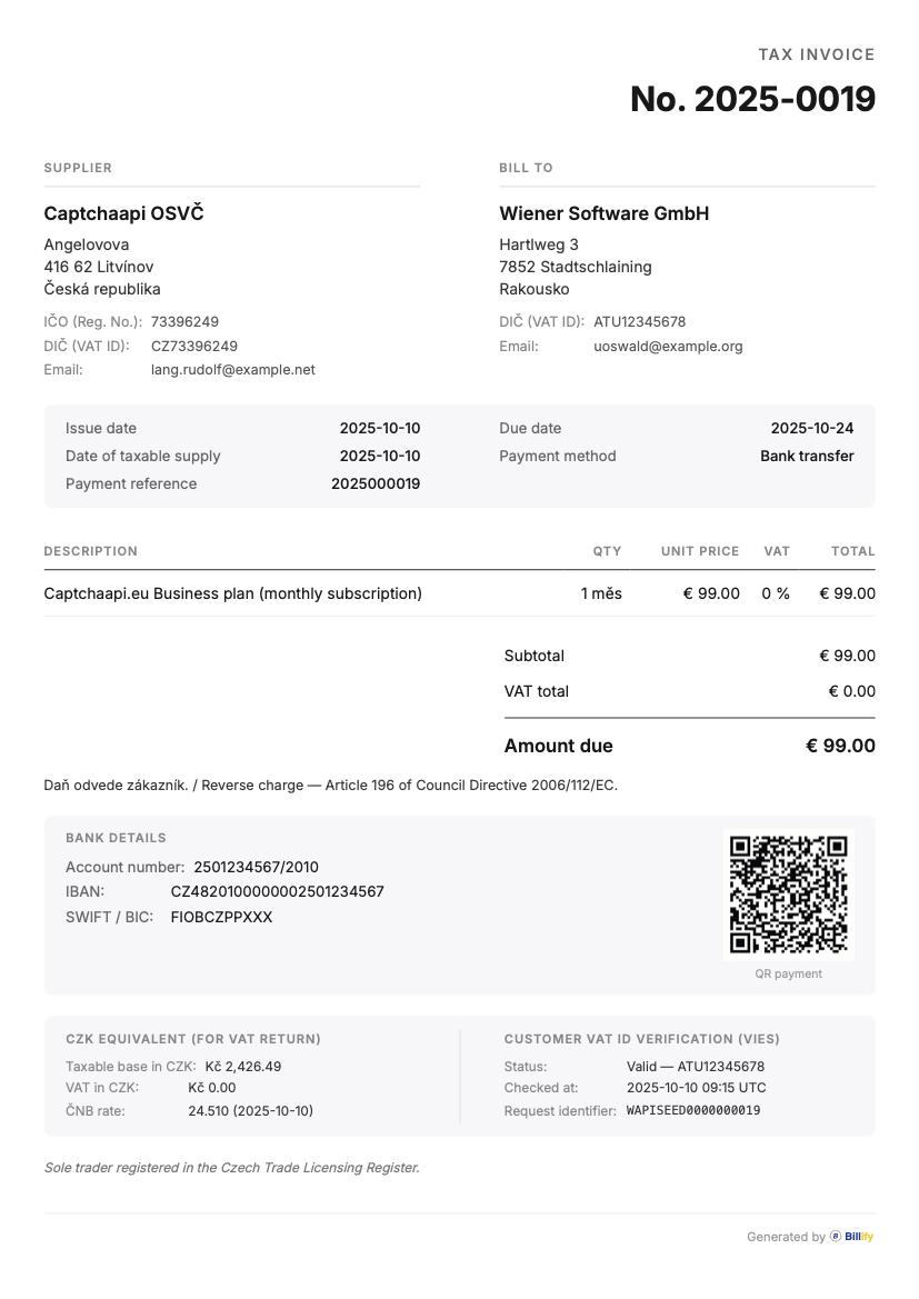 Ukázka faktury — reverse charge, SEPA QR platba, VIES validace