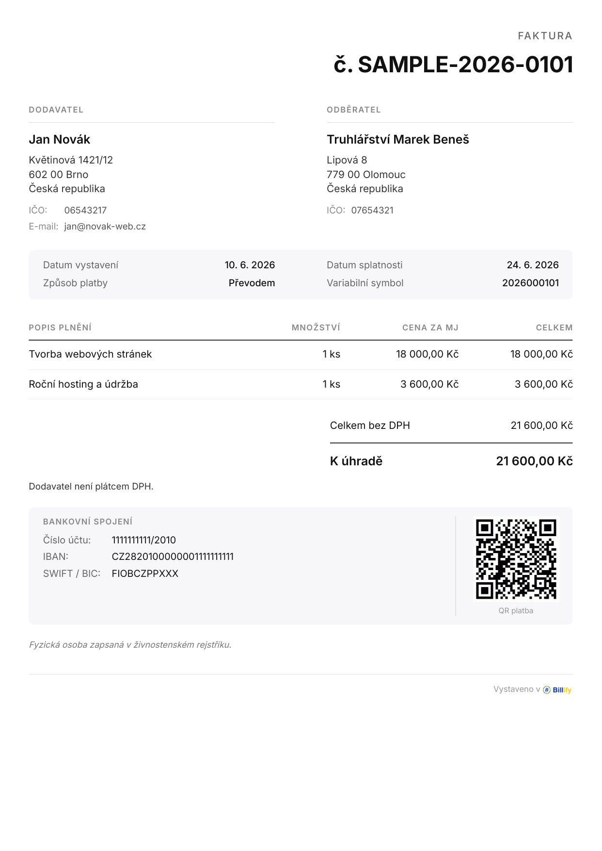 Ukázka tuzemské faktury neplátce DPH s QR platbou