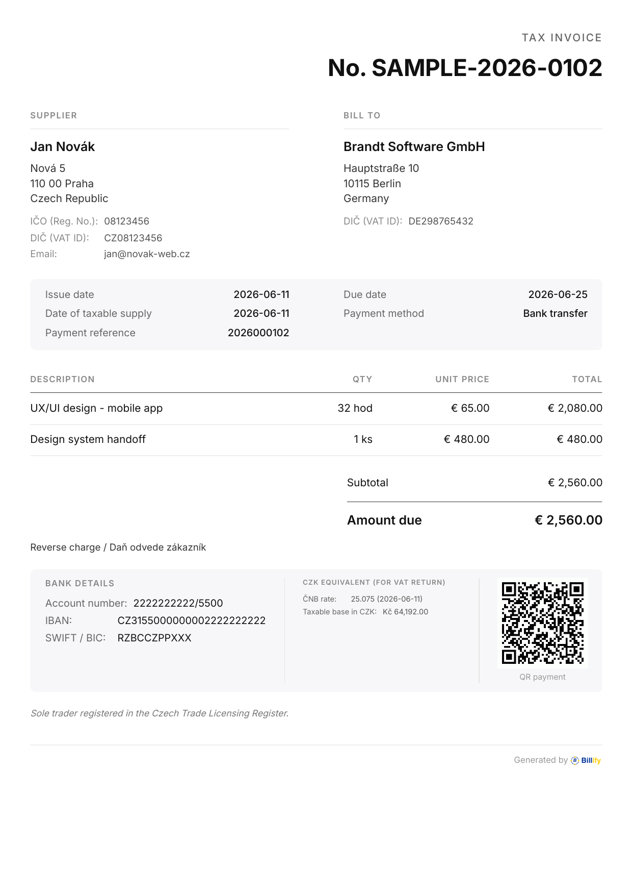 Ukázka faktury do EU se SEPA QR platbou a kurzem ČNB